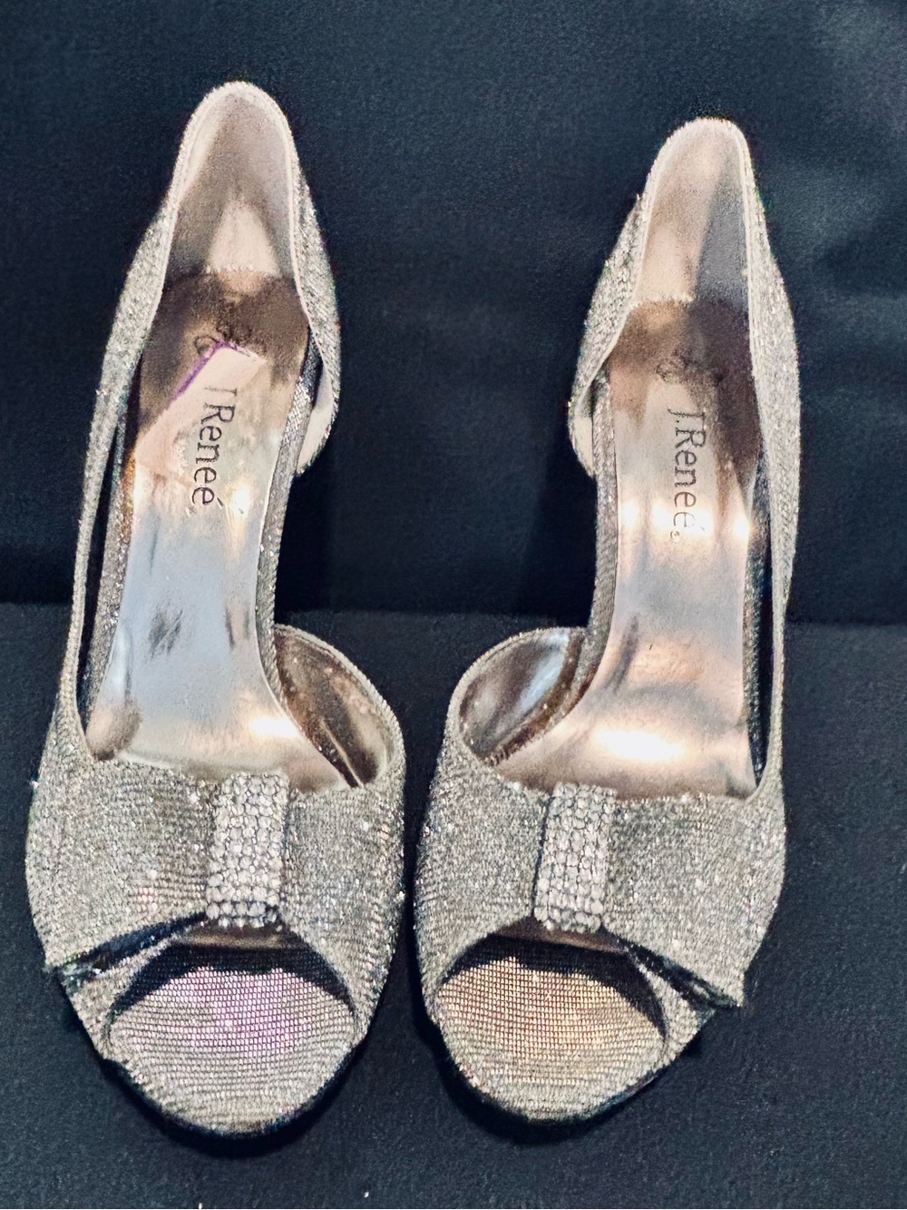 J.Renee Silver Glitter D'Orsay Peep-Toe Heels with Crystal Bow
